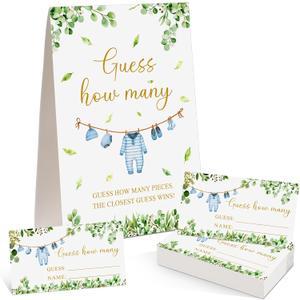 Blue Clothes Guess How Many Baby Shower Game Pack of 1 Tabletop Sign with Stand and 50 How Many Cards, Eucalyptus Gender Reveal Party Game Decorations