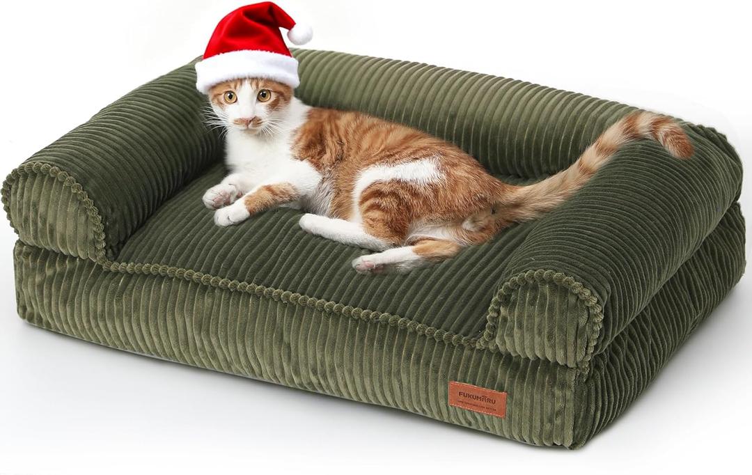 FUKUMARU Dog Couch Bed, Corduroy Cozy Cat Bed for Indoor Cats with Washable Cover, 28in Waterproof Orthopedic Dog Beds Sofa for Small Dogs and Large Cats, Cute Warm Cotton Pet Sofa, Green (28.3"Lx20.5"Wx9"Th)