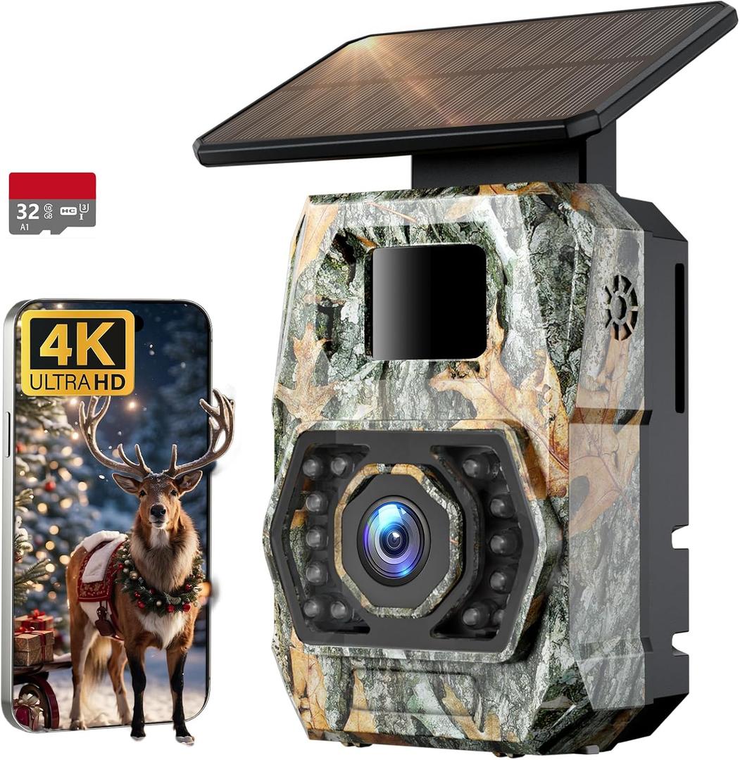 Trail Camera Sends Pictures to Cell Phone, 60MP 4K Game Camera 0.1s Trigger, Solar Trail Camera with 5200mAh Battery, IP66 Waterproof with 32GB SD Card, Trail Cam for Outdoor Wildlife Detection