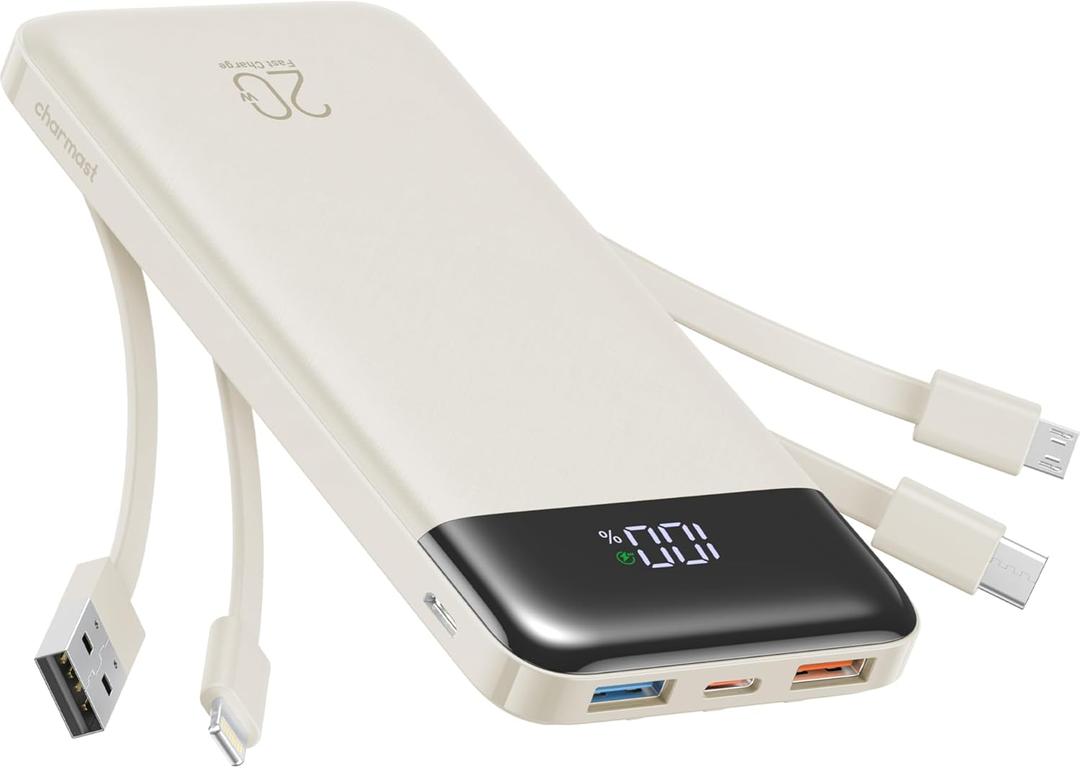 Charmast 20000mAh Portable Charger with 4 Built-in Cables & 6 Outputs, 20W Power Bank Fast Charging - USB C External Battery Pack for iPhone 16 15 14, Android, iPad, Tablet & More (Travel Essential) (Qianka)
