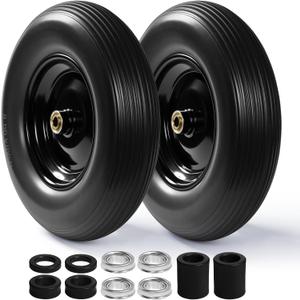Backyard Expressions 16-Inch Flat-Free PU Tire 2-Pack  Heavy-Duty Solid Poly Wheels with 5/8" & 3/4" Bearings, Spacer Kit & Steel Hubs for Wheelbarrows, Garden Carts, Hand Trucks & Utility Equipment