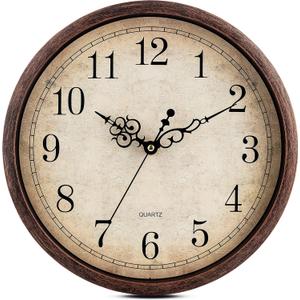 Bernhard Products Vintage Brown Wall Clock Silent Non Ticking 12 Inch Quality Quartz Battery Operated Round Decorative Easy to Read for Home Kitchen Living/Dining Room Bedroom Office Classroom School