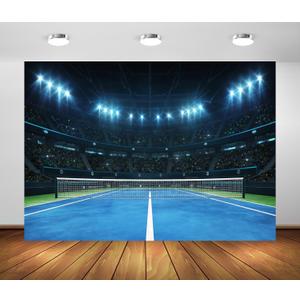 BELECO 7x5ft Fabric Tennis Sport Backdrop Tennis Court Stadium with Spotlights Fans Sports Background for Party Decorations Photo Booth Shoot Studio Props