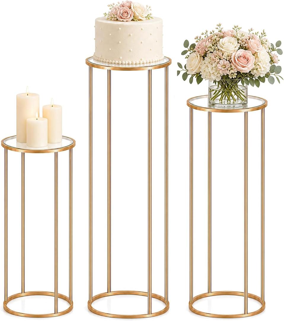 Cylinder Stands for Party, 3PCS Gold Metal Cylinder Pedestal Stands for Display, Heavy Duty Round Cake Stand Tables for Wedding, Birthday, Baby Shower, Dessert Table & Backdrop Decorations