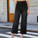 GRAPENT Wide Leg Jeans Woman Trendy Cropped High Waisted Patch Pocket Stretch Denim Pants Baggy Loose Straight Leg Jeans (Black, M)