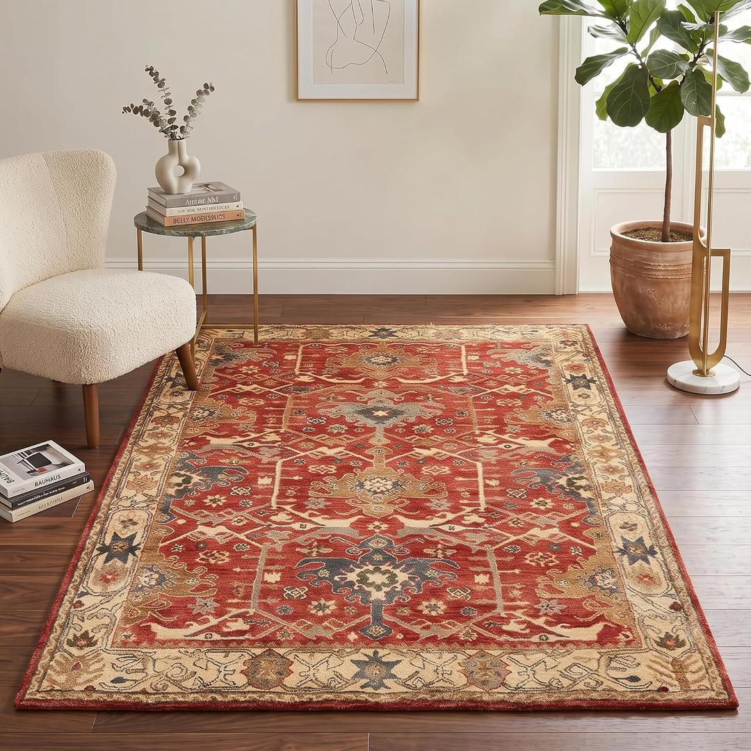 Traditional Handmade Wool Area Rug – Oriental Medallion Floral Pattern, Vintage Classic Bordered – Thick Plush Pile Decorative Carpet for Living Room Bedroom Dining Room (Red Multi, 4' x 6')