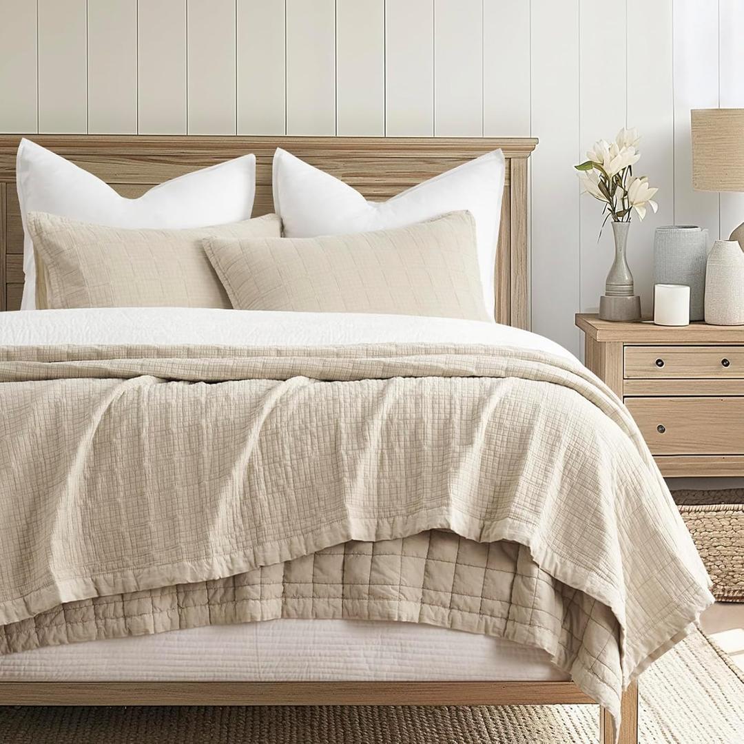 EVERGRACEHOME Stonewashed Cotton Quilt Set Full Queen Size, Ultra Soft Oversized Bedspread Coverlet Set, Lightweight Crinkle Box Stitch Bedding Sets for All Season, with 2 Shams, Flax Beige