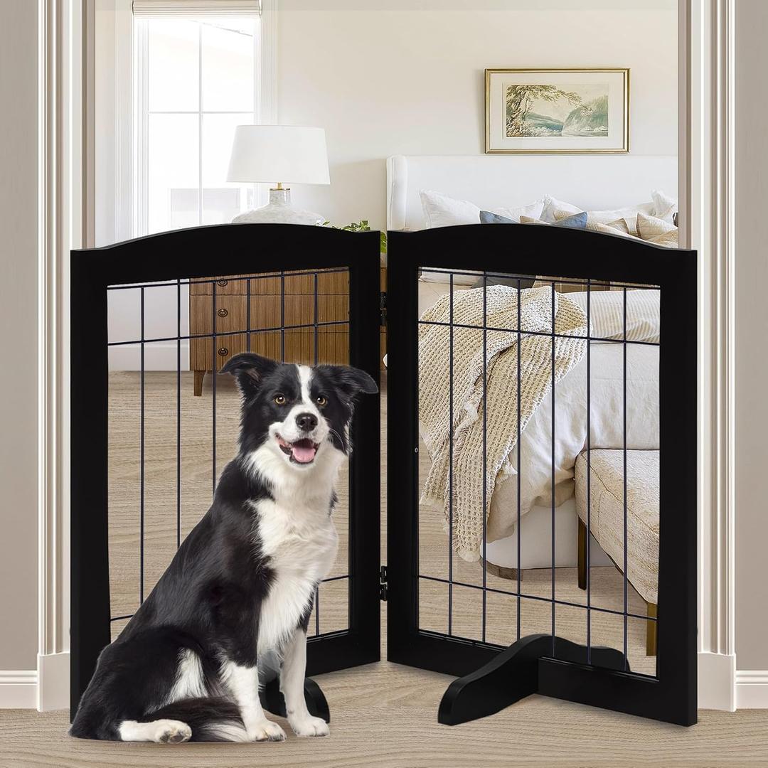 LZRS 2-Panel Freestanding Adjustable Wooden Dog Gate30 Tall Foldable Pet Barrier with Support Feet, Solid Hardwood & Chew-Resistant Steel Wire for Doorways, Hallways, and Stairs, Black