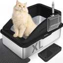 Stainless Steel Cat Litter Box with Enclosure, Large Litter Box for Cats and Kittens, Smooth Easy Clean Interior, Durable Metal Design with Cover, Litter Shovel, Pad and Footboard Included (Black)