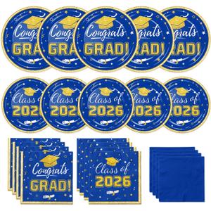Graduation Plates and Napkins 2026 Congrats Grad Disposable Paper Plates Cocktail Napkins Luncheon Napkins for Blue and Gold Graduation Party Decorations, Serve 50