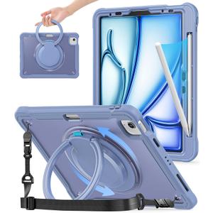 BATYUE Case for iPad Air 11 Inch M3/M2 (2025/2024), Air 5th/4th 10.9 Inch (2022/2020), Pro 11" 4th/3rd/2nd/1st, Shockproof Cover with 360 Rotating Stand, Pencil Holder, Shoulder Strap, Lavender Grey