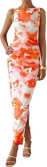 Womens Bodycon Summer Dresses 2025 Sleeveless Floral Mesh Maxi Dress Side Slit Ruched Long Party Cocktail Dresses, Size M, Light Orange