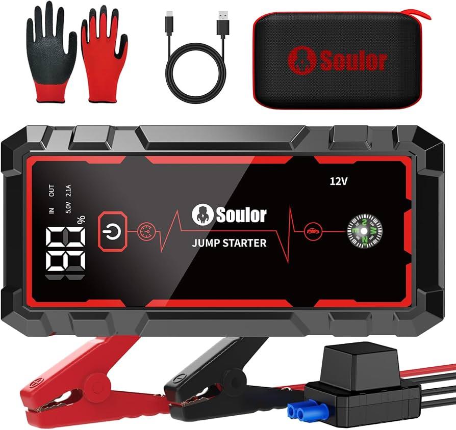 Jump Starter, Battery Jumper Starter Portable, Car Battery Jump Starter with 3 Modes Flashlight, Compass, Power Bank and Jumper Cable