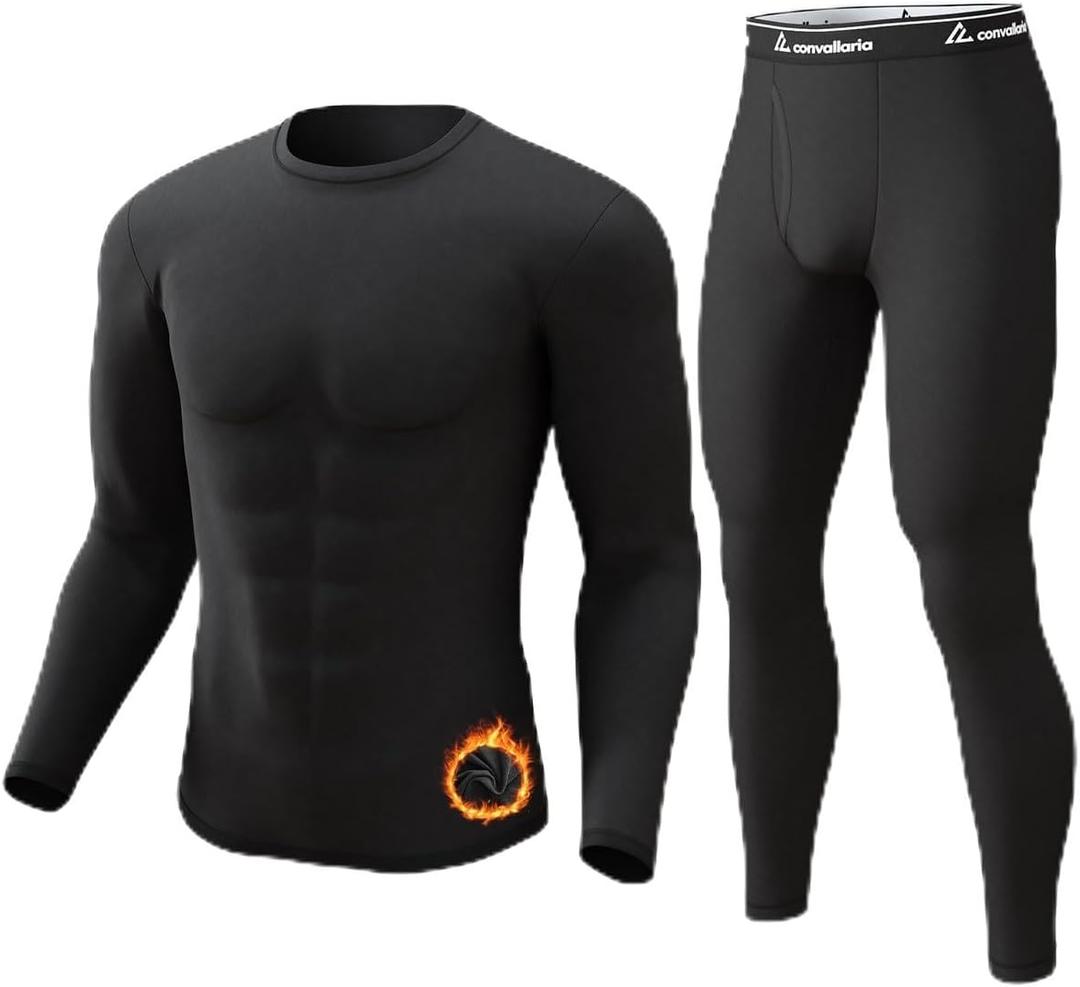 CL convallaria Long Johns Thermal Underwear for Men Soft Fleece Lined Base Layer Cold Weather Top Bottom Gift Set (X-Large, Midweight-crew Neck-black)