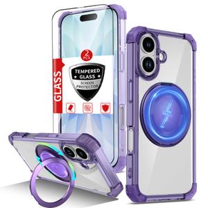 for iPhone 17 Case Magnetic Compatible with MagSafe Wireless Charging,with 2 Tempered Glass Screen Protectors,for 17 Phone Case with Kickstand Ring,Military Grade Protection Shockproof Purple