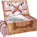 Wicker Picnic Basket Set for 2 Persons with Waterproof Picnic Blanket and Large Insulated Cooler Compartment, Willow Picnic Hamper Basket with Cutlery Service Kits for Camping, Wedding (Red)