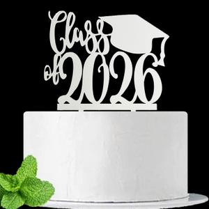 JIEEIN Class of 2026 Cake Topper, Graduation Party Decoration, Congrats Grad Design with Cap, Mirror Silver Acrylic