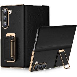 HelloDeere for Samsung Galaxy Z Fold 7 Case with Kickstand, 【Military Grade Drop Protection】【Hinge Protection with Camera Cover】, Full Body Cover Shockproof Phone Case for Z Fold 7 Leather Case, Black