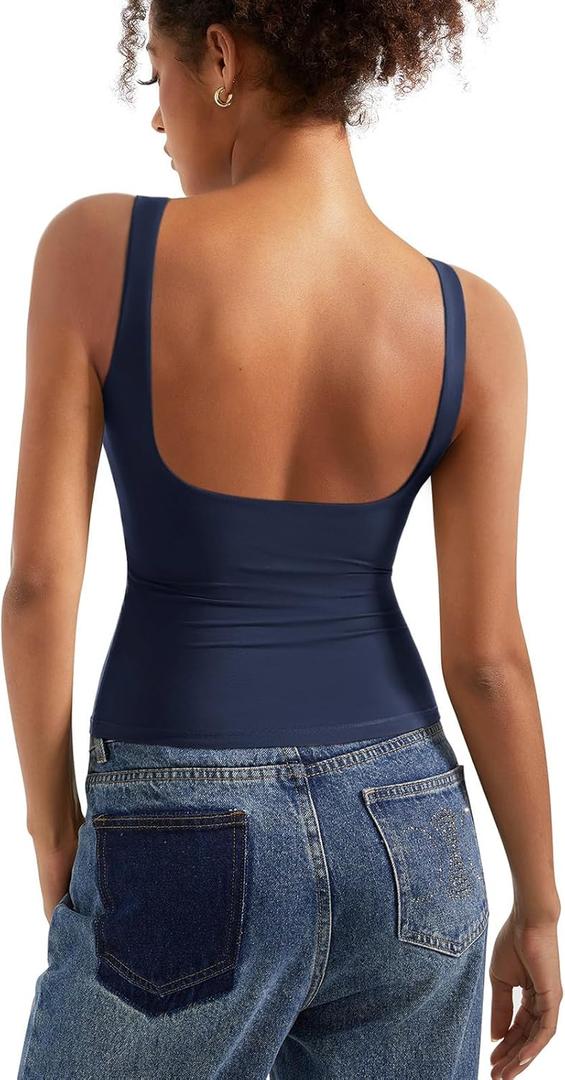 SUUKSESS Women Padded Open Back Boat Neck Tank Tops Double Lined Basic Shirts (Medium, Navy)