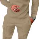 UOUA Mens 2 Piece Set Casual Outfits Polo Long Sleeve Shirt & Pants Tracksuit Loungewear Athletic Jogger Sweatsuit (Large, Khaki)