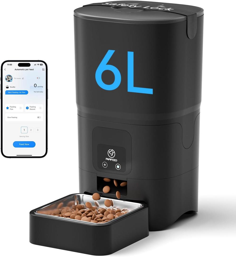 PAPIFEED Automatic Cat Feeder with App, 2.4G WiFi Cat Food Dispenser, 6L Timed Cat Feeder for Dry Food, 10 Meals/Day, 12 Portions/Meal, Dual Power Supply Smart Pet Feeder for Small Dog, Black