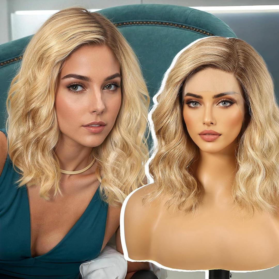 Natural Blonde Human Hair Wigs,13X5X1 Glueless Curly Bob Lace Front Wig for White Women,Fiber & Remy Human Hair Blend for Daily Use 12IN