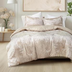 Comfort Spaces Luxe Queen Comforter Set Velvet Comforters for Queen Size Bed, Microfiber Reverse, Juliette, All Season Velvet Bedding Queen Size, Fluffy Bed Set, Sham, Full/Queen, Champagne 3 Piece
