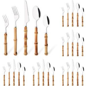 30PCS Silverware Set for 6, Bamboo Handle Flatware Set, Stainless Steel Cutlery Set for Home Restaurant and Party, Bamboo Forks Spoons and Knives Set, Polished Tableware