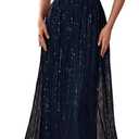 Women's Sequin V-Neck Short Sleeve A-Line Evening Dress Elegant Evening Dresses Party Gowns (Blue, XL)