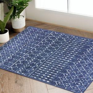Beeiva Moroccan Entry Rug for Inside House, 2'x3' Washable Non Slip Indoor Area Rug for Entryway, Geometric Printed Low Pile Door Mat for Kitchen, Bathroom, Bedroom - Blue