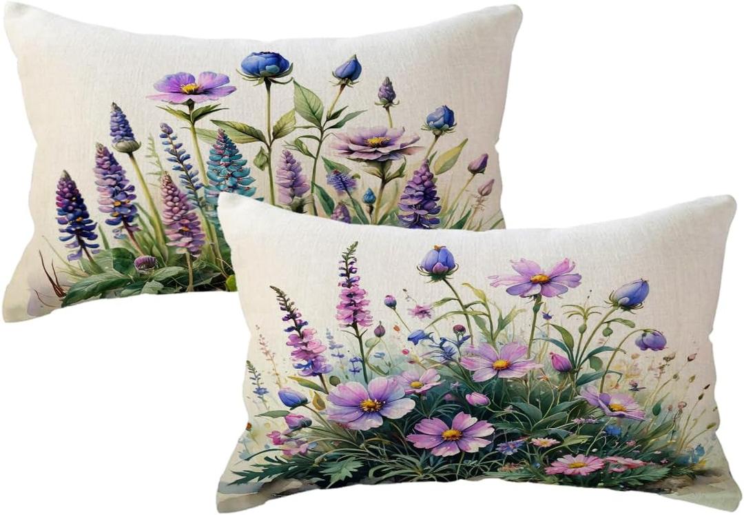 Watercolor Wildflowers Lumbar Pillow Covers 12 x 20 Inch Purple Flower Botanical Throw Cushion Case 2Pack Rustic Farmhouse Spring Summer Holiday Decoration for Sofa Patio Porch(Purple)