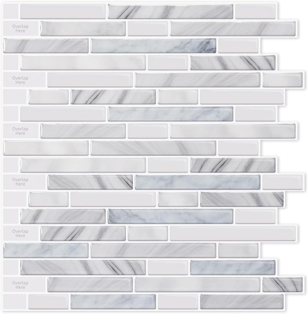 LONGKING 10-Sheet Self-Adhesive Peel and Stick Backsplash for Kitchen, Vinyl Decorative Tiles (Light Gray)