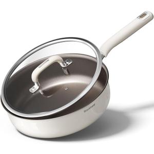 Nonstick Frying Pan with Lid - Titanium Enhanced Deep Ceramic Saute Pan, Warp-Resistant Tri-Ply Stainless Steel, PTFE/PFOA-Free, Induction Compatible, Non-Toxic, Cool Handle,10-Inch