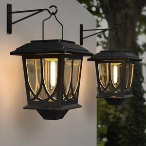 Solar Lanterns Outdoor Waterproof 2 Pack, Glass Auto On/Off LED Hanging Solar Lights, Outdoor Lantern for Yard Fence Patio - Black
