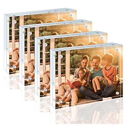 Egofine 5x7 Acrylic Frames 4 Pack, 20mm Thicker Frameless Clear Picture Frames, Double Sided Magnetic Picture Frames, Free Standing Desktop Display