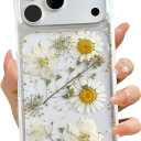 LSEEKA for iPhone 17 Pro Max Clear Case with Pressed Real Flowers Design,Glitter Cute White Floral Pattern Slim Soft TPU Protective Women Girl's Phone Cover for iPhone 17 Pro Max