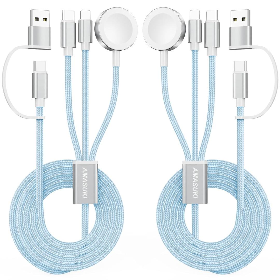 2Pack Travel Essentials,3 in 2 USB C Cable for Apple Watch Charger,iPhone Charger,Multi Charging Cable,Cruise Vacation Camping,Portable for iWatch Series 11-2/Ultra/SE & iPhone 17-12,Car,Blue (4FT)