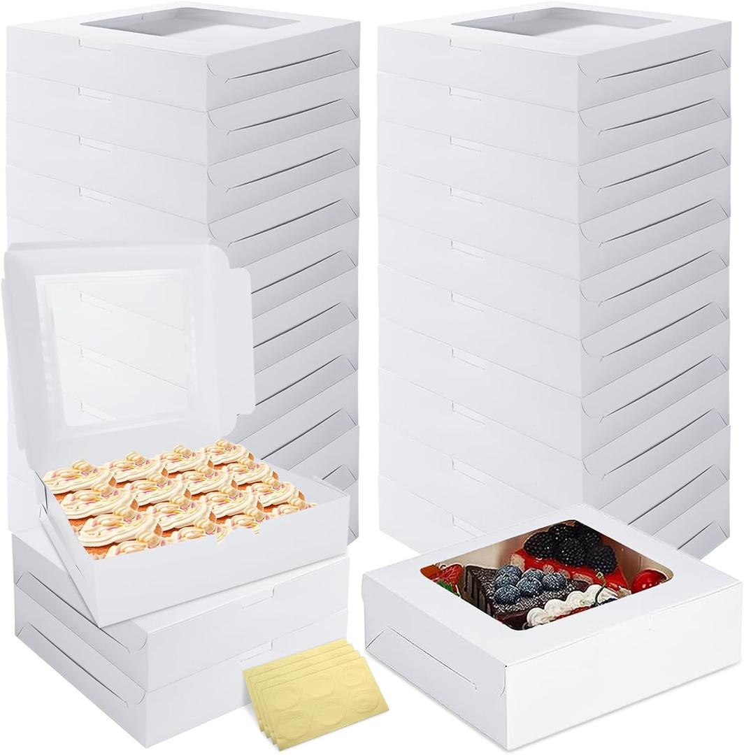 QTLCOHD 24 Pcs Bakery Boxes with Window 10 x 10 x 2.5 Inch Auto-Popup Pie Boxes White Cookie Treat Box for Chocolate Covered Strawberries, Pies, Pastries, Muffins, Donuts