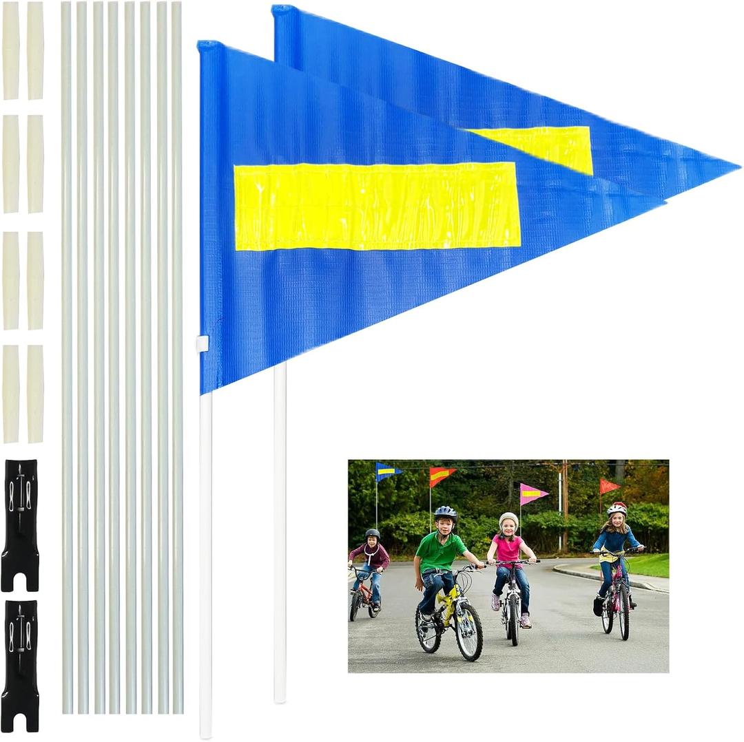 Bike Safety Flag with Pole 2 Sets, 6-Foot Adjustable Height Sturdy Fiberglass Tear-Resistant Waterproof Safety Flag Blue