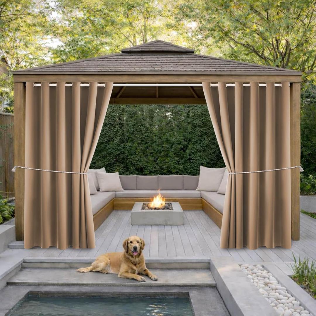 Waterproof Outdoor Curtain W84 x L120 - Grommet Top Sunlight Blocking Window Treatment Drapes Blackout Curtains for Home Bedroom Living Room Patio Pergola Cabana Gazebo (Camel Brown, 2 Panels)