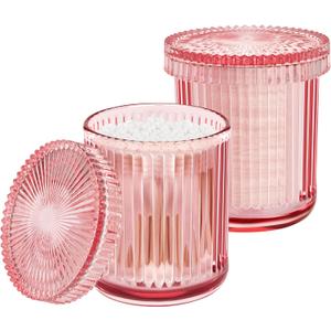 2 Pack Qtip Holders for Bathroom, Clear Glass Apothecary Jars with Lids,Vintage Bathroom Canisters for Cotton Balls,Swabs,Floss Picks,Hair Ties,Vanity Organizer and Storage Decor (Pink)