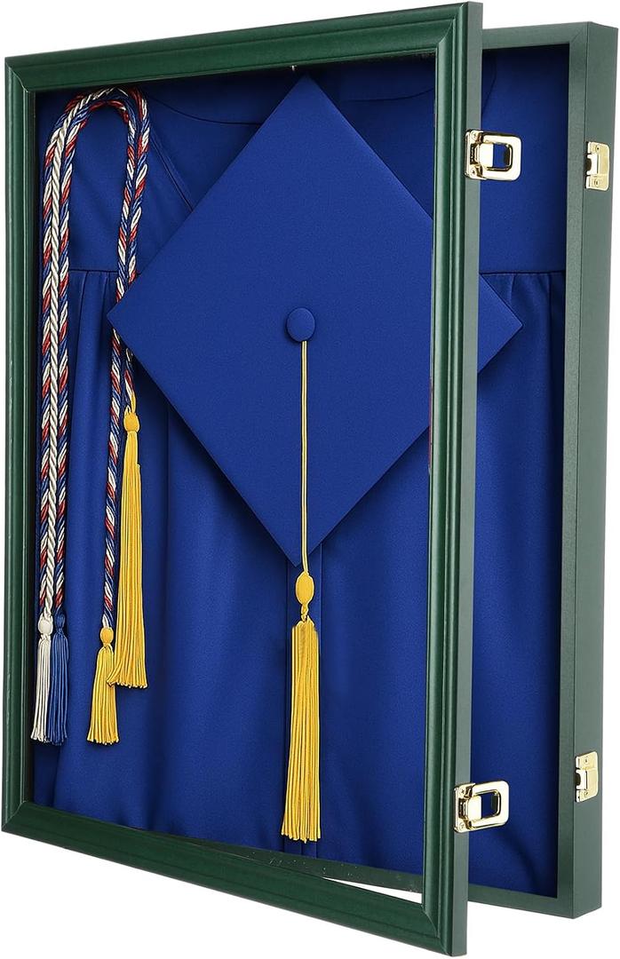 CroBlissful 1 Pcs 17"x23" Graduation Shadow Box Frame Large Wood Display Case with Stick Pins Hanging Hardware Graduation Gown Display Memory Shadow Box for Cap Gown Diploma Stole Cords (Green)