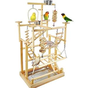 LIMIO Bird Playground - Natural Wood Parrot Playstand with Perches, Bird Play Gym & Accessories, Removable Tray & 4 Stainless Steel Cups