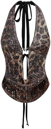 Verdusa Women's Cheetah Print Sequin Top Y2K Tie Back Corset Halter Going Out Crop Tops XS