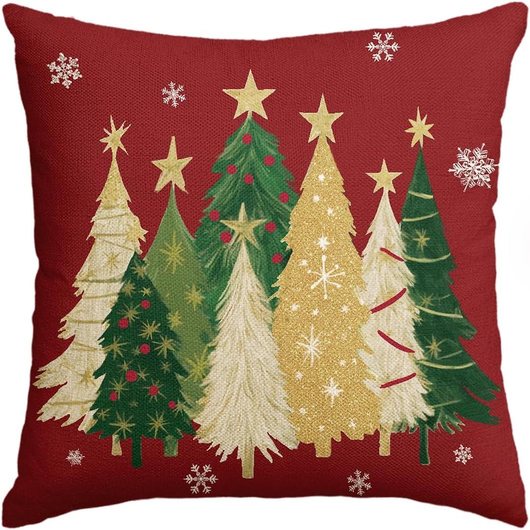 AVOIN colorlife Christmas Trees Star Red Throw Pillow Cover, 18 x 18 Inch Snowflake Seasonal Winter Holiday Cushion Case Decoration for Sofa Couch