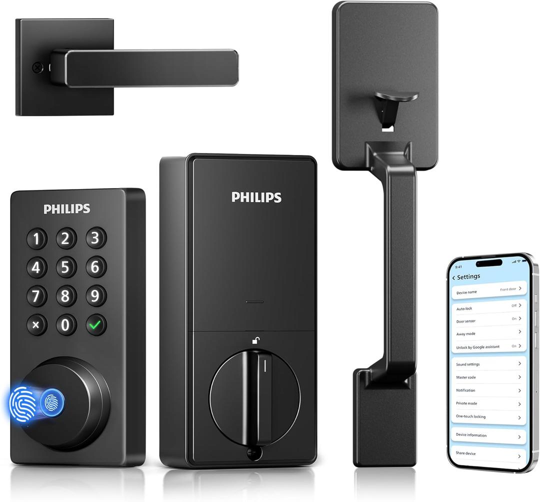 Philips Wi-Fi Smart Door Lock with Handle Set, Keypad Deadbolt for Front Door, Fingerprint Keyless Entry Door Lock with App Remote Control, IP53 Waterproof, Auto Lock, Security Easy Installation