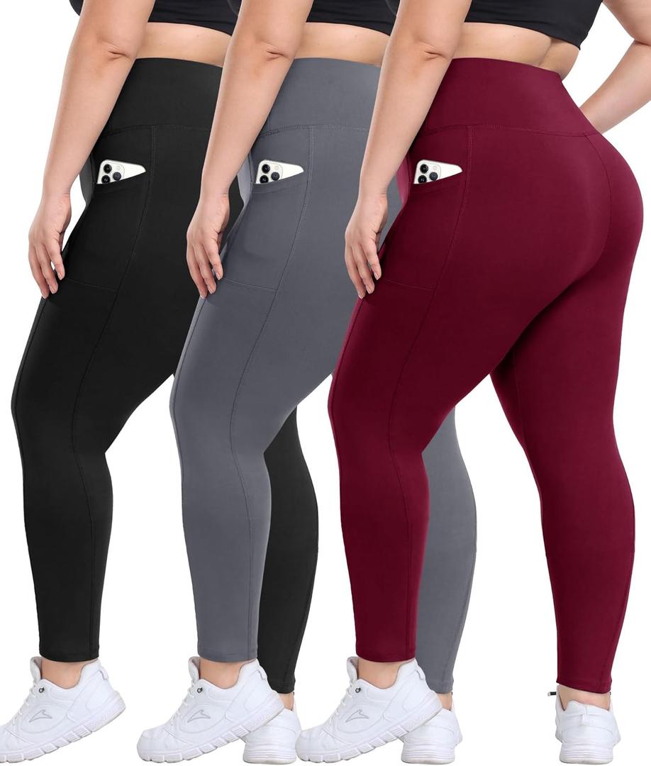 3 Pack Plus Size Leggings with Pockets for Women - High Waisted Tummy Control Spandex Soft Black Workout Yoga Pants (Black/Dark Grey/Wine), 3X-Large