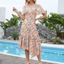 Dressystar Floral Summer Dress V Neck Midi Women Sun Dresses Short Sleeve Ruffle Casual Boho Vacation (Medium, Orange Blue Flower)
