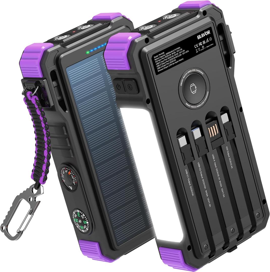 BLAVOR Solar Power Bank 20000mAh Built-in Cables, Wireless Charger for Apple Watch, 20W Fast Charging Battery Pack with USB C, Flashlight, Solar Charger for iPhone, iPad, iWatch, Samsung (Purple)