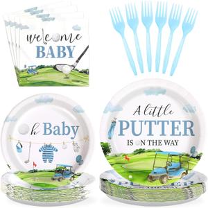Grencian 96Pcs Golf Baby Shower Party Supplies A Little Putter Plates and Napkins Tableware Sets Green and Blue Decoration for Baby Shower Newborn Pregnancy Boy Girl Birthday Party Serve 24